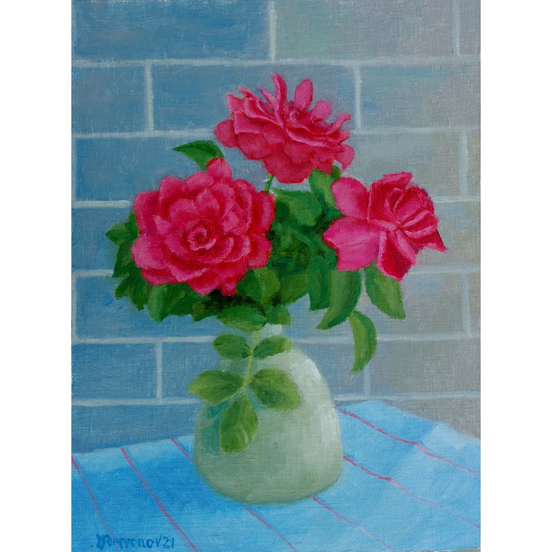 Red Garden Roses Flowers Original Art Oil Painting Wall Decor Beautiful Roses - Posters - Other Materials Multicolor