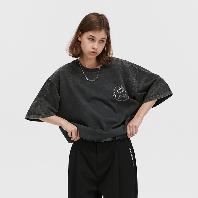 MOKACME 2023SS 夏季寬松街頭蠟染炒色洗水做舊純棉短袖T恤潮男女 - 男 T 恤 - 棉．麻 黑色