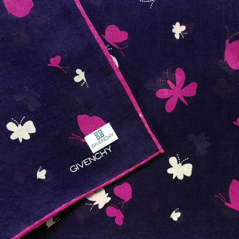 Givenchy Vintage Handkerchief Butterfly Purple 18 x 18 inches - ผ้าเช็ดหน้า - ผ้าฝ้าย/ผ้าลินิน สีดำ