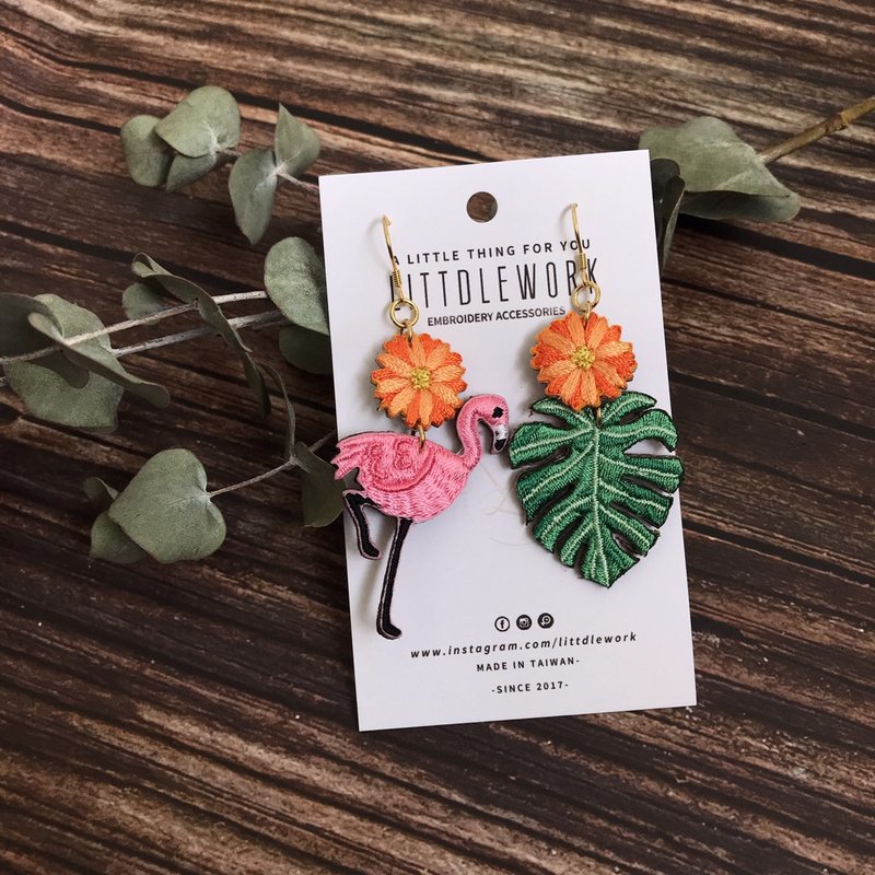 刺繡耳環 | 耳夾/耳勾 - 紅鶴龜背芋葉子款 - 耳環/耳夾/耳骨夾 - 其他材質 多色