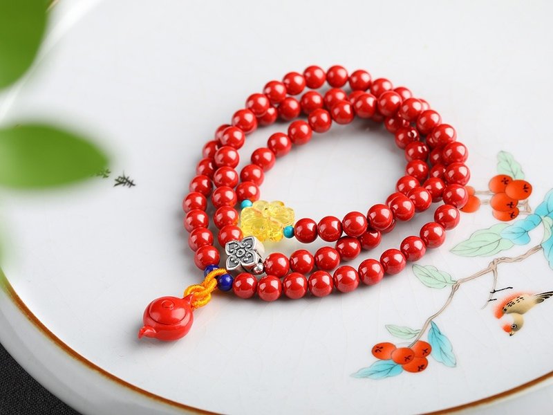 天然原礦硃砂精品帝王砂 把把壺 三圈手鏈  硃砂含量高達95% - 手鍊/手環 - 寶石 