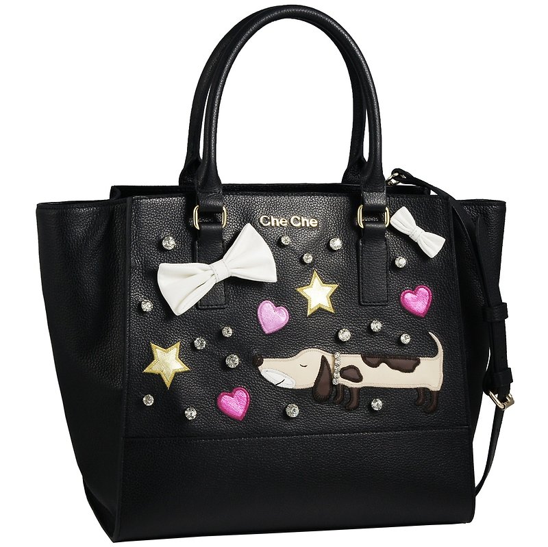 Lovely Dog Appliqué Leather Tote - Handbags & Totes - Genuine Leather Black