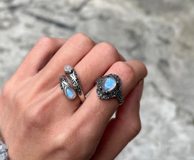 天然石リング、シルバー925、指輪、月と自然のモチーフ、ユニーク