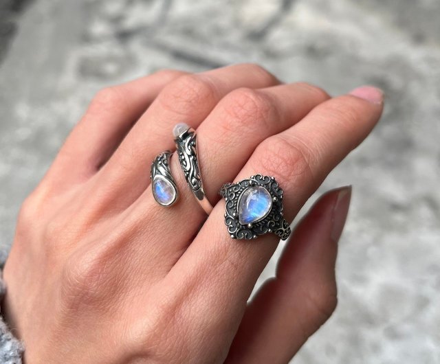 Xiyingyao 925シルバームーンストーン天然石ライブリング調節