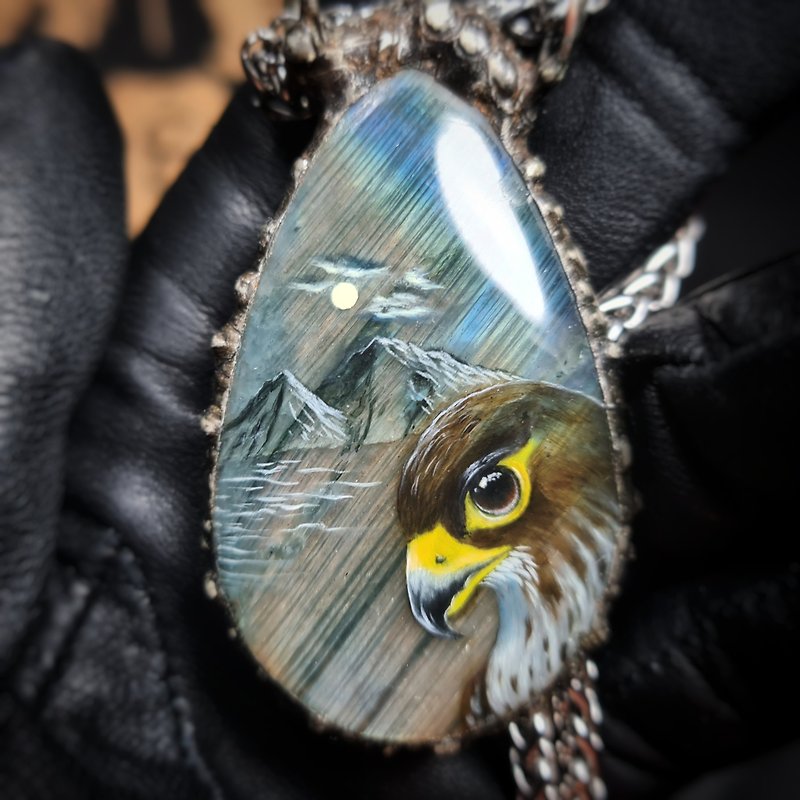 Falcon pendant Labradorite pendant eagle pendant Oil painting miniature on stone - Necklaces - Stone Multicolor