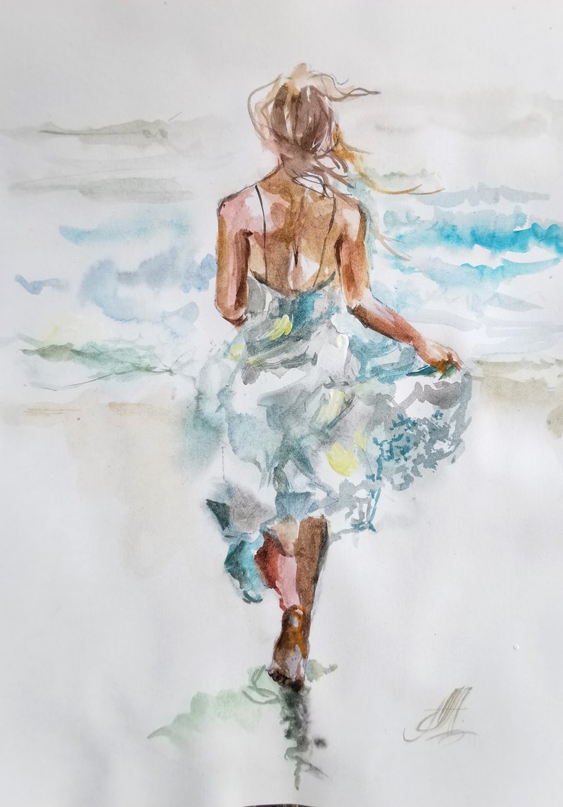 Woman drawing on paper, Girl running on the waves - Wall Décor - Paper Transparent