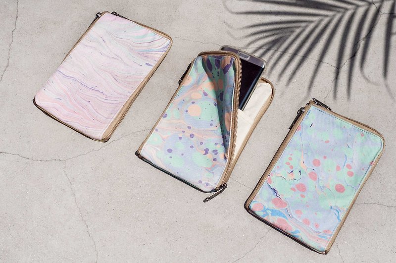 Marble pattern mobile phone case storage bag mobile phone bag leisure card case-ocean colorful macaron floating water dye - Phone Cases - Cotton & Hemp Multicolor