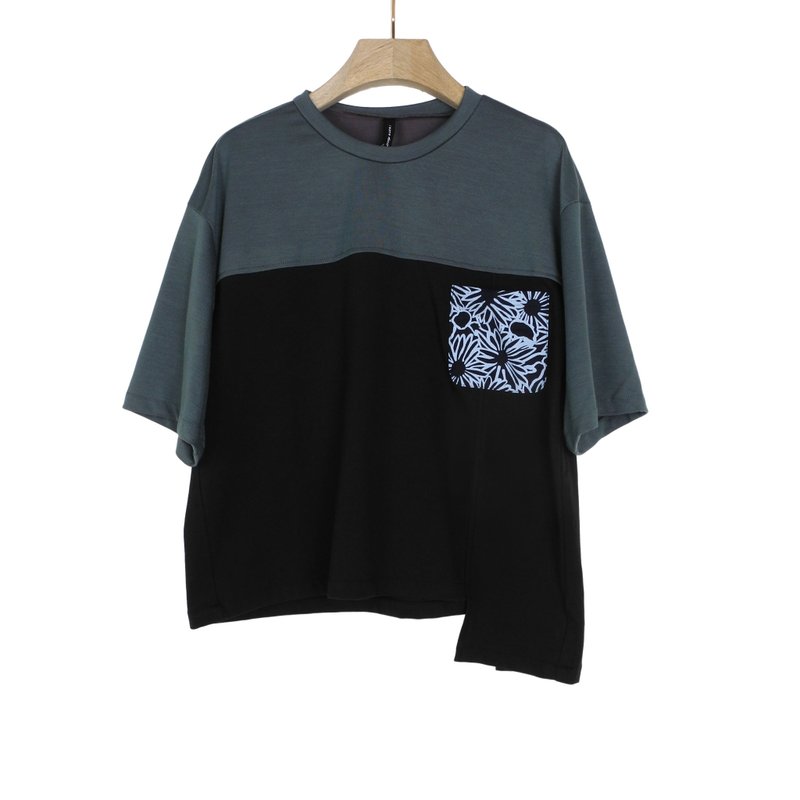 アッシュグリーン×ブラック - フラワーポケット アシンメトリー配色Tシャツ #T1314 - トップス - コットン・麻 ブラック