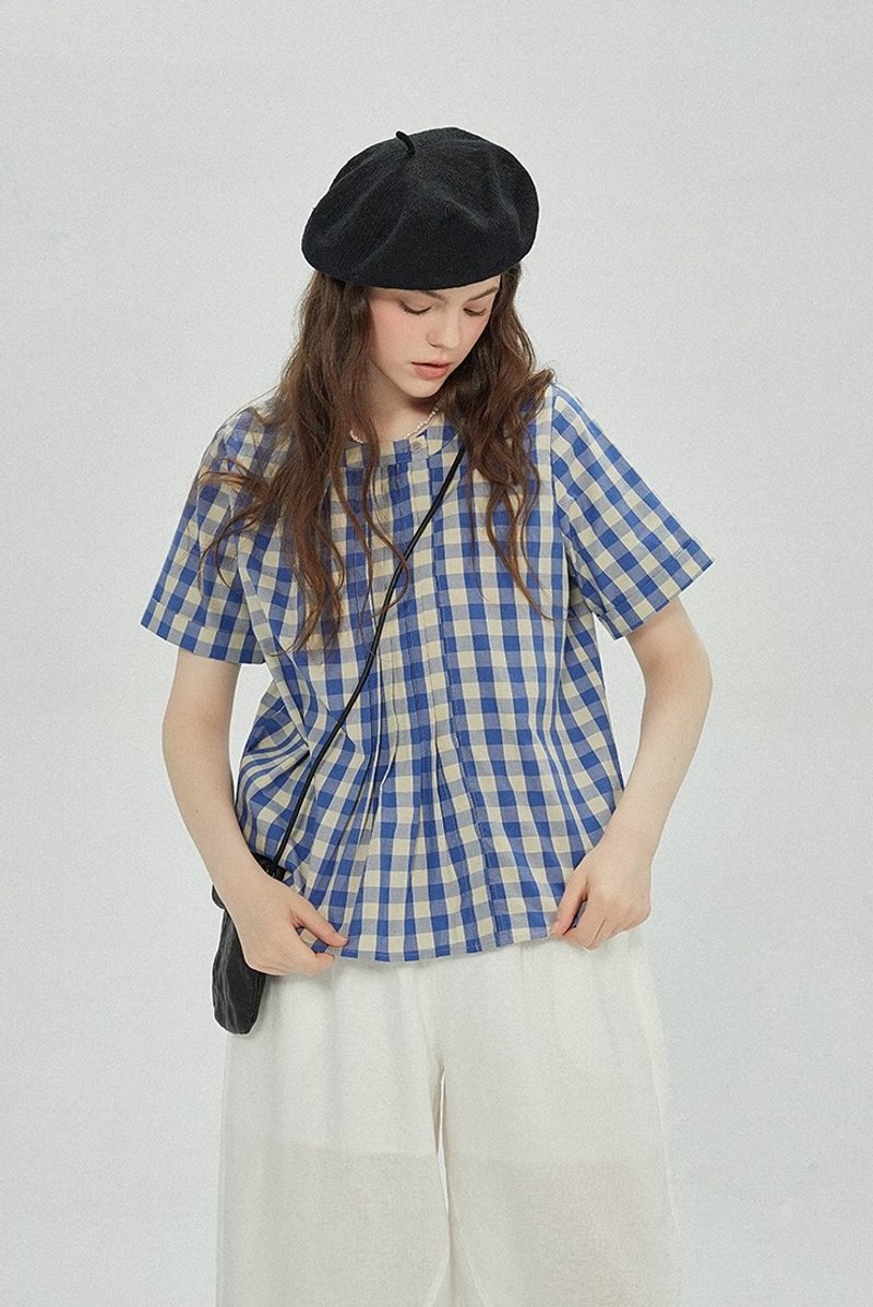 French Retro Sea Salt Blue Check Pleated Short Sleeve Shirt - Women's T-Shirts - Other Materials Blue