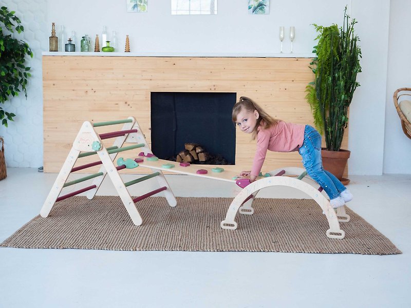 Set of 3 items SMALL Climbing Triangle&Arch Two-sided ramp Montessori Climber - เฟอร์นิเจอร์เด็ก - ไม้ หลากหลายสี