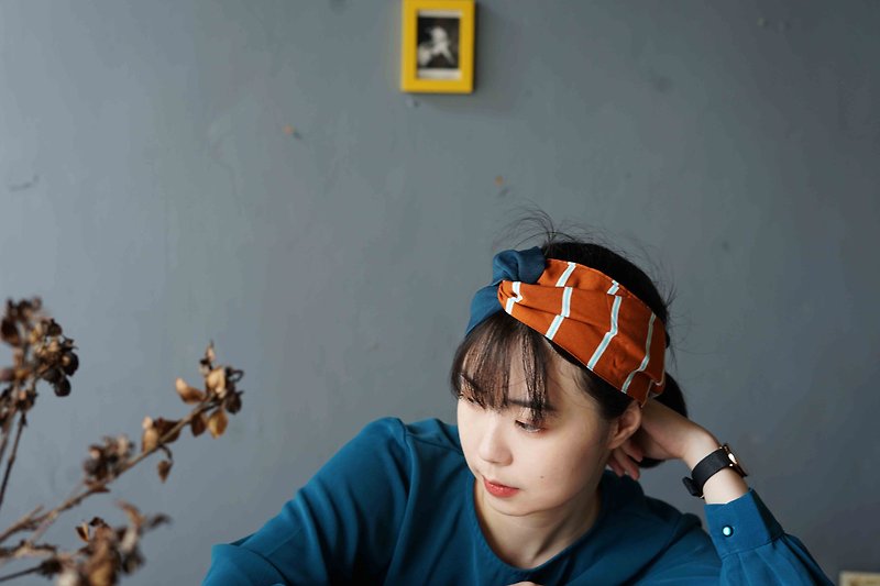 Japanese-style cloth dual-use double-headed cross-knotted headband- Teal X brick orange - Hair Accessories - Polyester Orange