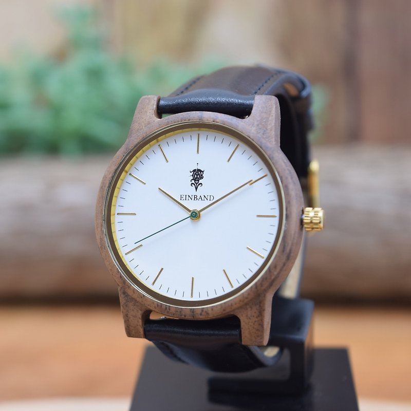 EINBAND Glanz WHITE 36mm Wooden Watch Black Leather Belt - 男裝錶/中性錶 - 木頭 咖啡色