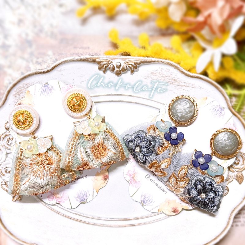 日本鈕扣x印度刺繡耳環 耳夾 925/14KGF耳釘 - 耳環/耳夾/耳骨夾 - 繡線 多色