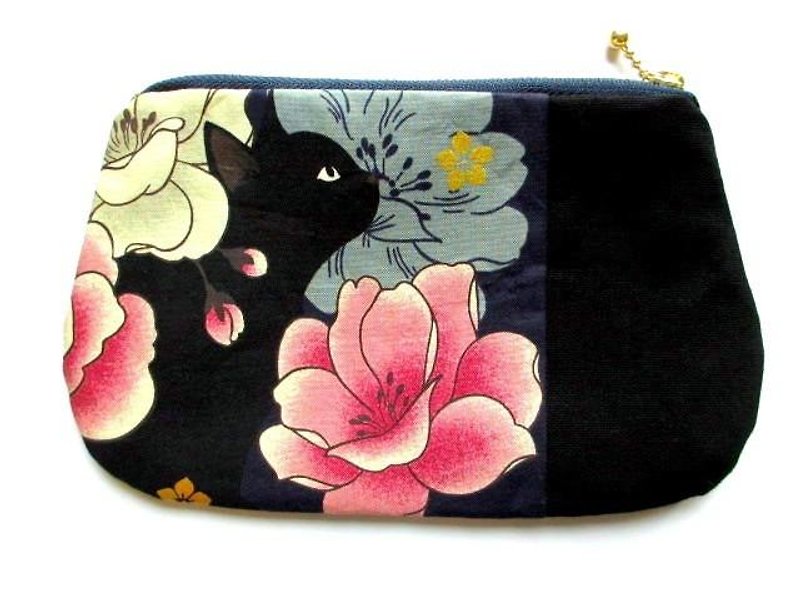 Black cat's Japanese pattern flat pouch * Blue B - กระเป๋าเครื่องสำอาง - ผ้าฝ้าย/ผ้าลินิน สีน้ำเงิน