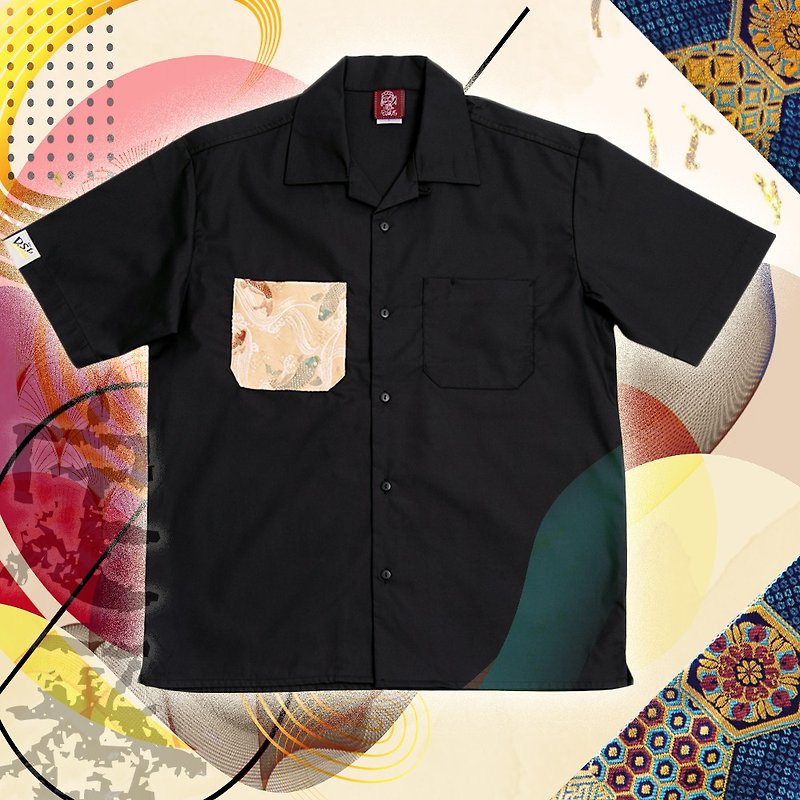 [Customized gift] Nishijin weaving cardigan mix tooling style shirt ~ black girl version - เสื้อเชิ้ตผู้หญิง - ผ้าฝ้าย/ผ้าลินิน สีดำ