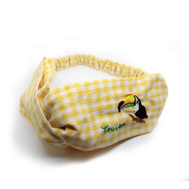 [Shell art] Toucan 100% hand-embroidered headband - ที่คาดผม - ผ้าฝ้าย/ผ้าลินิน สีเหลือง