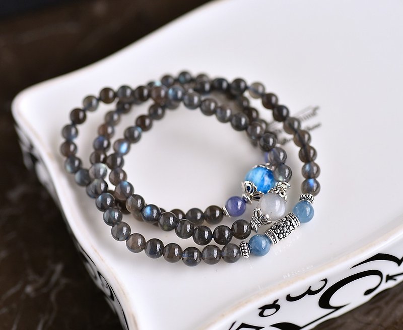 Black body labradorite + apatite + sea blue treasure * Danquan stone three ring bracelet - สร้อยข้อมือ - เครื่องเพชรพลอย สีน้ำเงิน