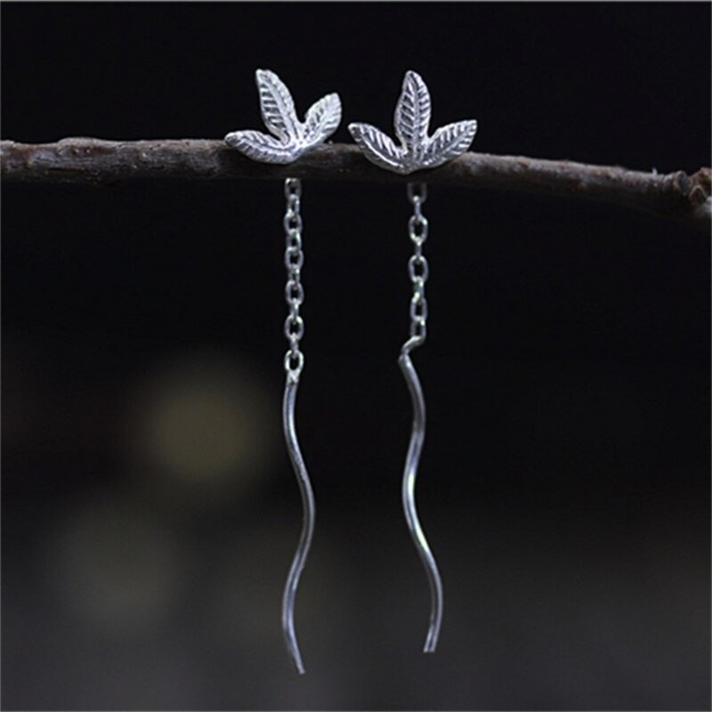 925 Sterling Silver Women Handmade Engrave Leaves Ear Lines Simple Wave Designer - Earrings & Clip-ons - Sterling Silver Silver