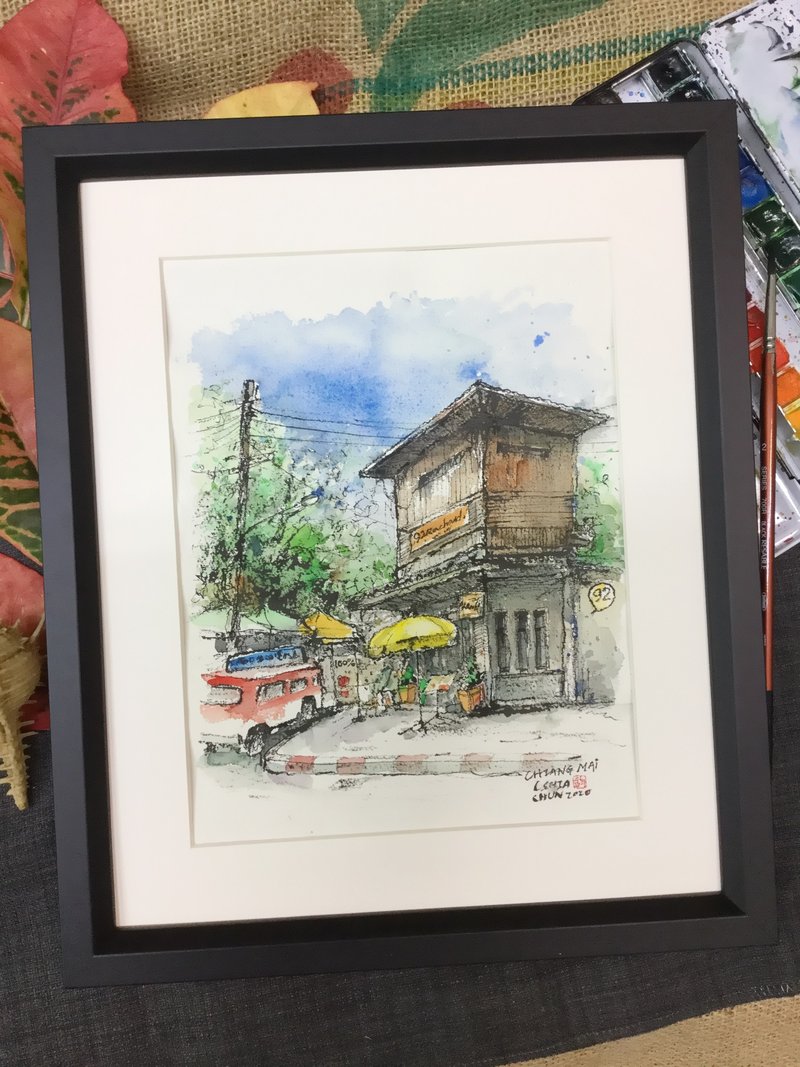 清邁轉角咖啡廳/手繪原創/含框 - 海報/掛畫/掛布 - 紙 咖啡色