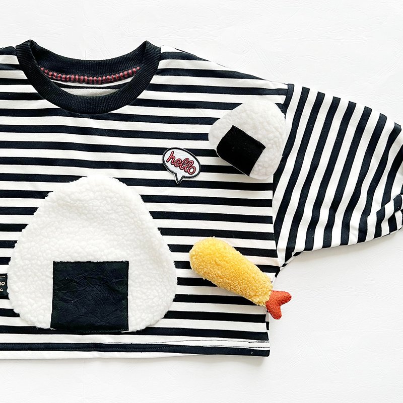 Rice Ball Peekaboo Drop Sleeve Striped Top Baby and Children's Top - เสื้อยืด - ผ้าฝ้าย/ผ้าลินิน สีดำ