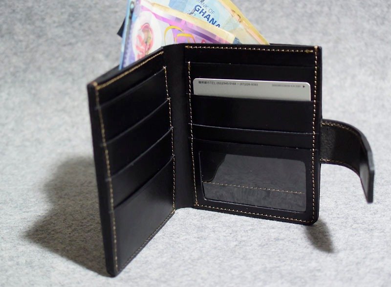 Leather magnetic buckle mid-length clip personality black leather - Wallets - Genuine Leather 