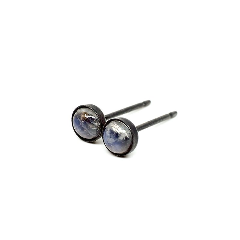 Rainbow Moonstone Gemstone Earrings, Black Sterling Silver, 4mm Round - 耳環/耳夾 - 其他金屬 藍色