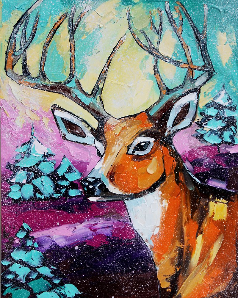 Deer Painting Animal Original Art Impasto Artwork Fairy Wall Art Oil Wall Art - 掛牆畫/海報 - 其他材質 多色