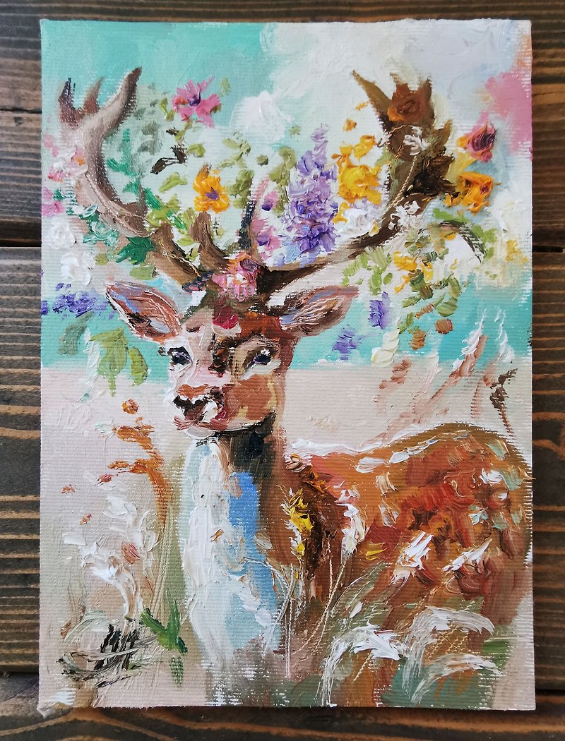 Miniature deer oil painting with flowers on canvas. Boho style decor. - ตกแต่งผนัง - วัสดุอื่นๆ สีเทา
