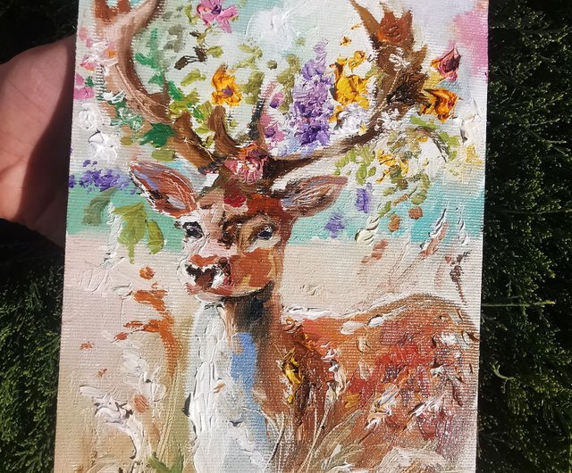 キャンバスに描かれた花を描いたミニチュアの鹿の油絵。ボヘミアン スタイルの装飾。 - ショップ Annet Loginova ウォールデコ・壁紙 -  Pinkoi