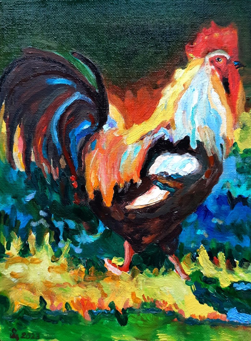 Rooster  Painting Original Art Animal Art  Oil Painting  Wall Decor - 壁貼/牆壁裝飾 - 其他材質 橘色