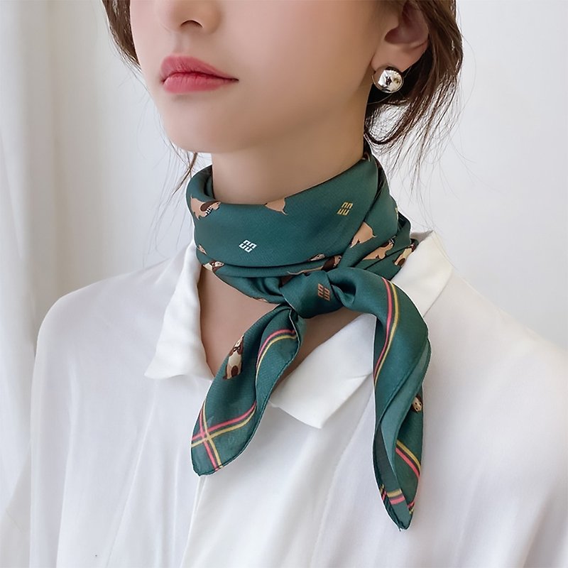 Original cute dog silk scarf, retro small square scarf, printed shawl bow tie - ผ้าพันคอ - ผ้าไหม 