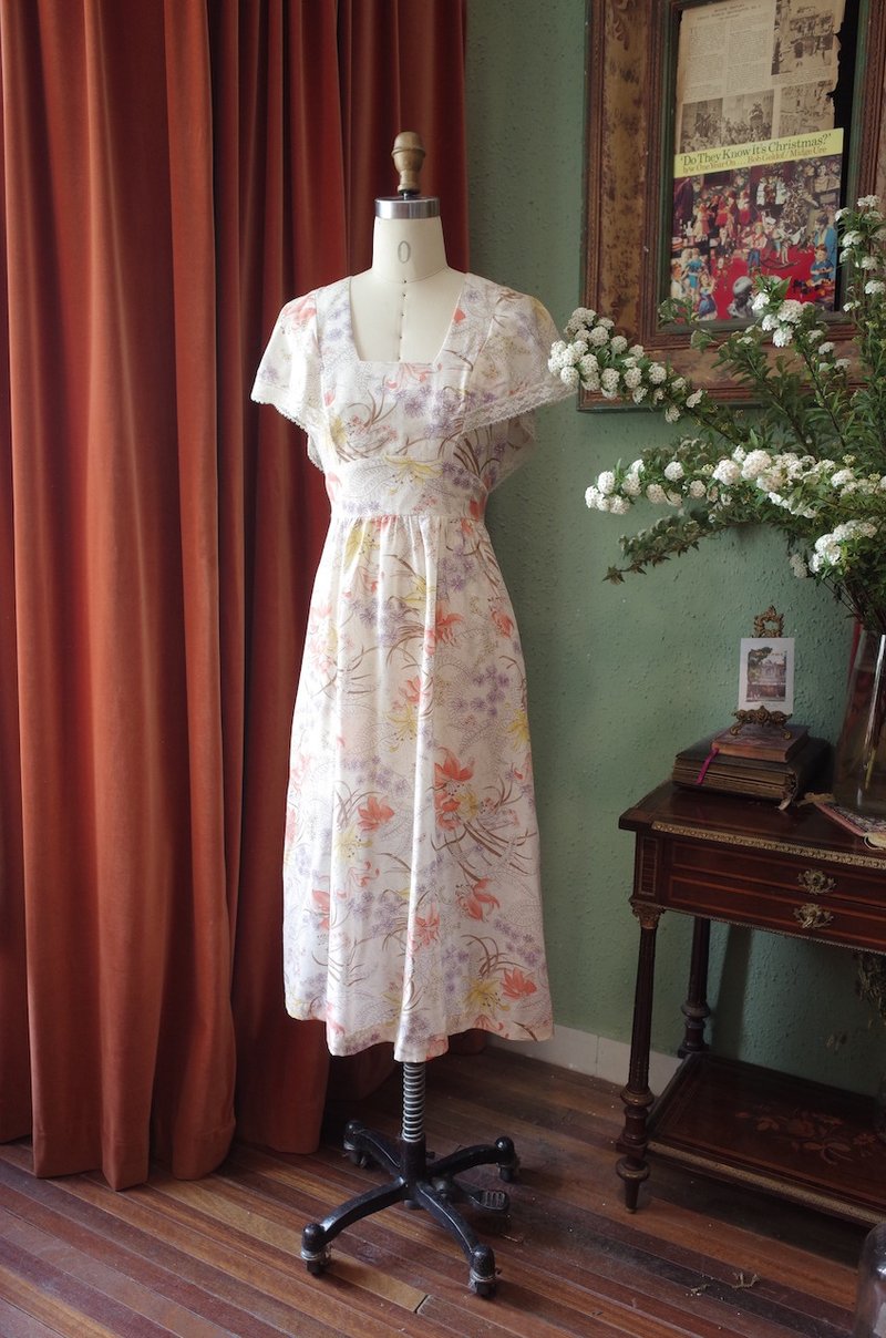 vintage dress American-made flying sleeve lace print dress vintage dress - ชุดเดรส - ผ้าฝ้าย/ผ้าลินิน 