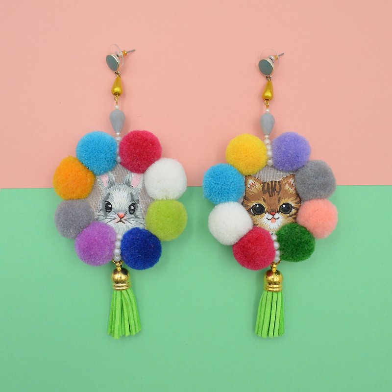 TIMBEE LO Cat Rabbit Embroidered Hair Ball Ribbon Tassel Earrings - ต่างหู - วัสดุอื่นๆ หลากหลายสี