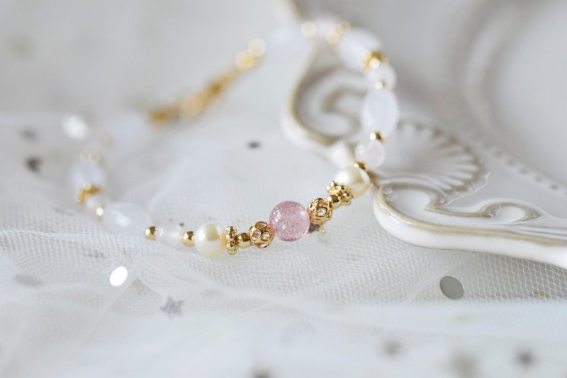 。Strawberry Quartz Rose Quartz Pearl Gemstone Crystal 14kgp Bracelet - สร้อยข้อมือ - คริสตัล สึชมพู