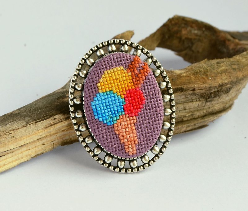 Ice cream embroidered colorful brooch, Cross stitch food jewelry - Brooches - Thread Purple