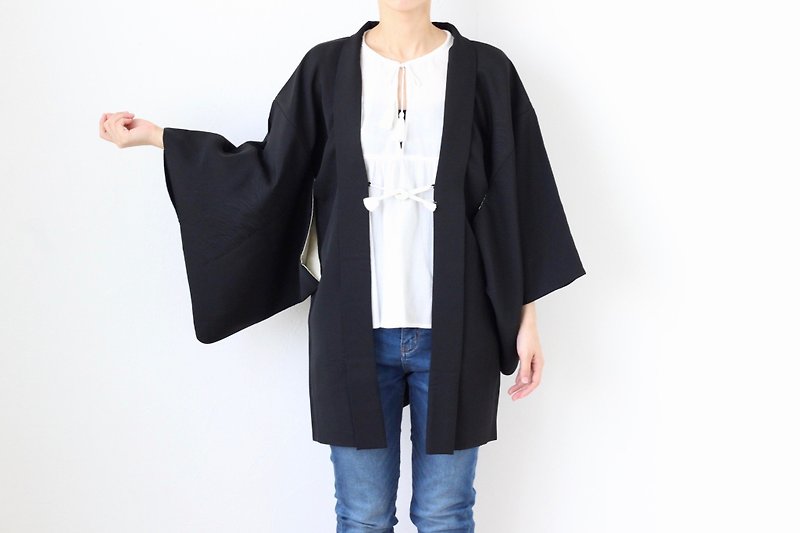 woven leaf kimono, oriental clothing, Japanese haori, haori jacket /3724 - ジャケット - ポリエステル ブラック