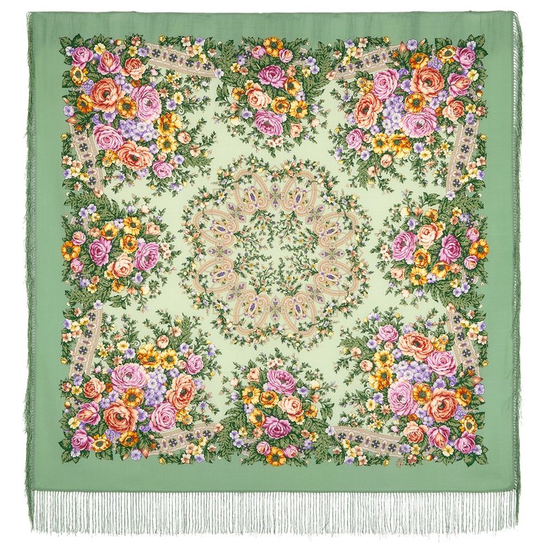 Pavlovo Posad Russian Shawl 100% Wool Scarf 125x125 cm Wrap Silk Fringe 1818-9 - 圍巾/披肩 - 羊毛 多色