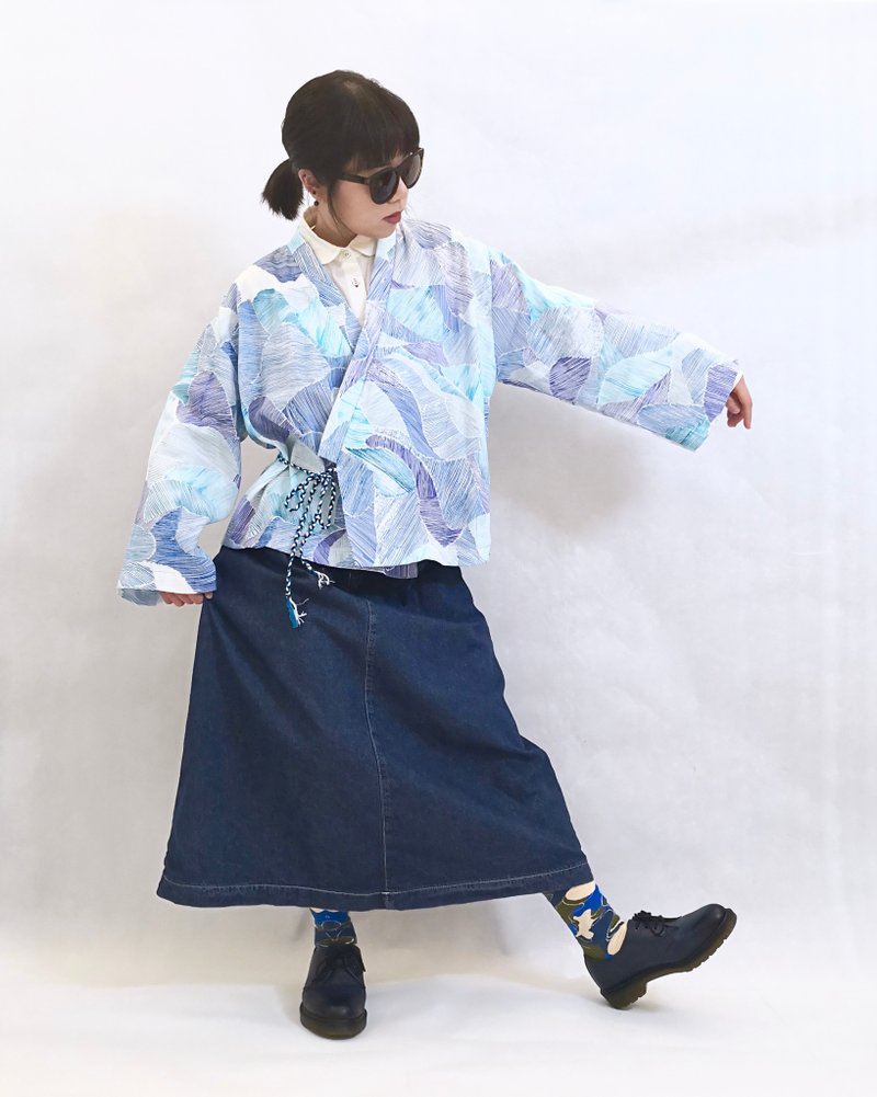 KIMONO日式和服外套 - 海浪 - 女大衣/外套 - 棉．麻 藍色
