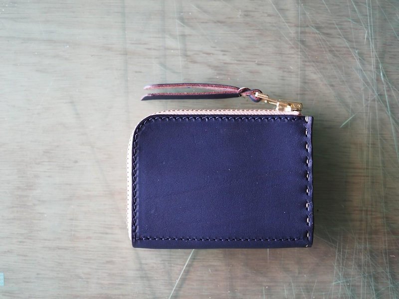 Small wallet with L-shaped zipper Navy / Navy blue thread / Khaki - กระเป๋าสตางค์ - หนังแท้ สีน้ำเงิน