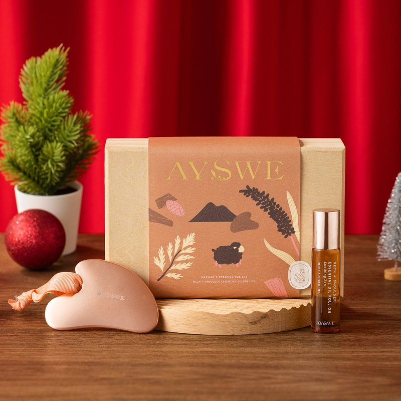 【聖誕禮盒l 快速出貨】玫瑰金按摩刮痧板& 舒緩滾珠精油原木禮盒 - 香氛/精油/擴香 - 精油 