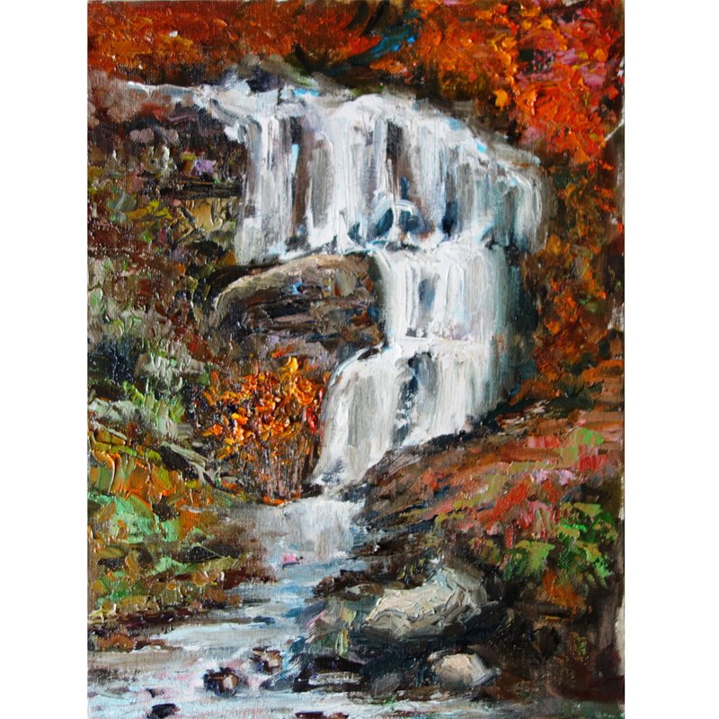 Kaaterskill Falls Birch Trees Painting Oil Landscape Original Art 油畫原作 Artwork - โปสเตอร์ - วัสดุอื่นๆ หลากหลายสี