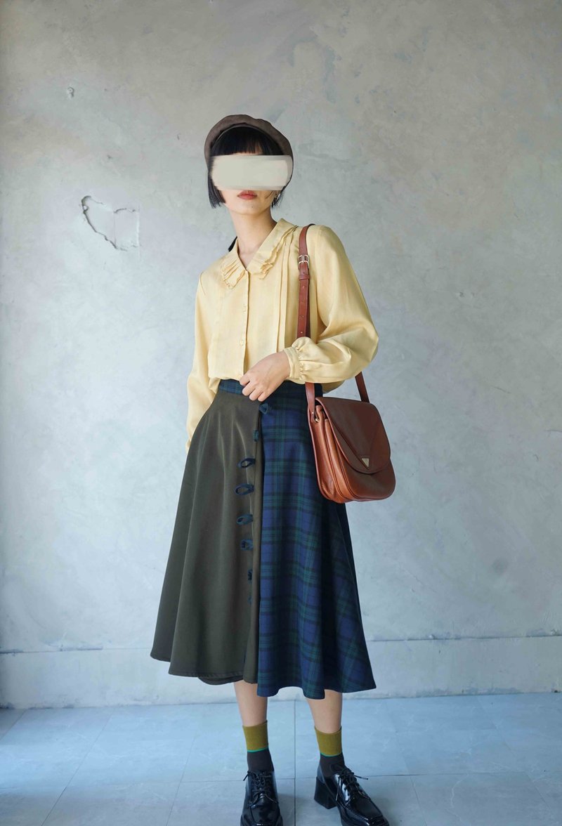 Design handmade-college style classic green plaid splicing asymmetric design hoop retro round skirt - กระโปรง - เส้นใยสังเคราะห์ สีเขียว