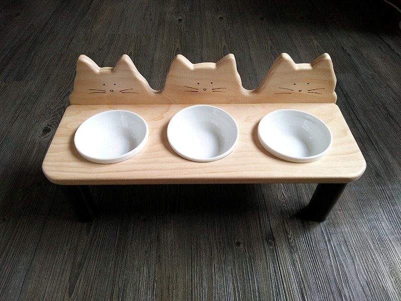 毛小孩餐桌系列--[喵喵喵三重奏]   (原木X手作X3只瓷碗) - 寵物碗/碗架/自動餵食器 - 木頭 咖啡色