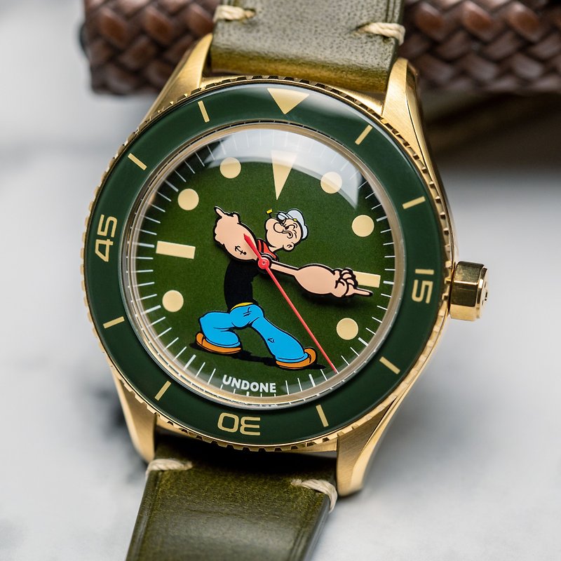 UNDONE x  Popeye 大力水手 限量聯名金色殼綠圈皮帶自動錶 - 男錶/中性錶 - 其他金屬 綠色