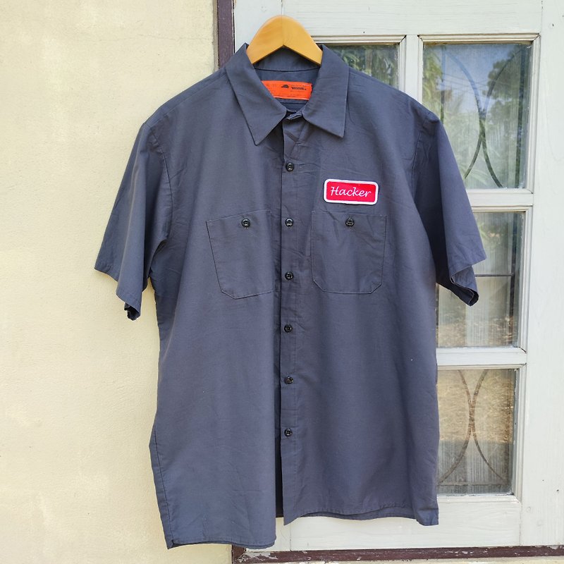 Vintage Red Kap Hacker Patches Short Sleeve Button Up Work Shirt - Men's Shirts - Cotton & Hemp Gray