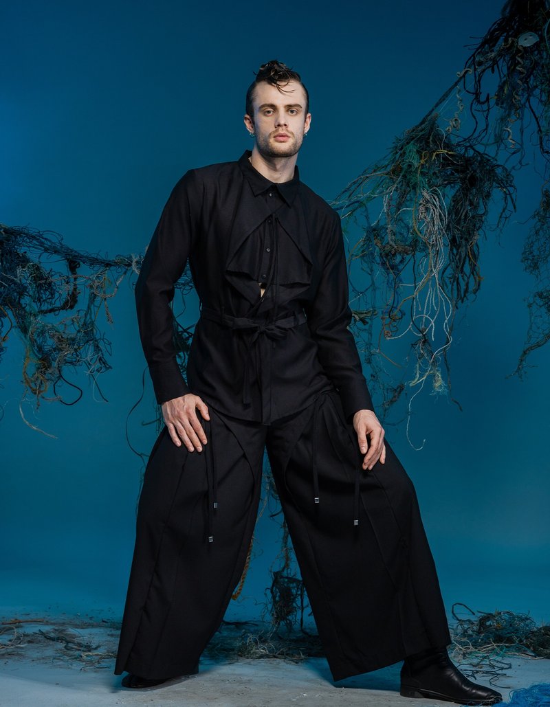 長袖襯衫/多層次門襟/鏤空/23AW-INF - 男襯衫/休閒襯衫 - 其他材質 黑色