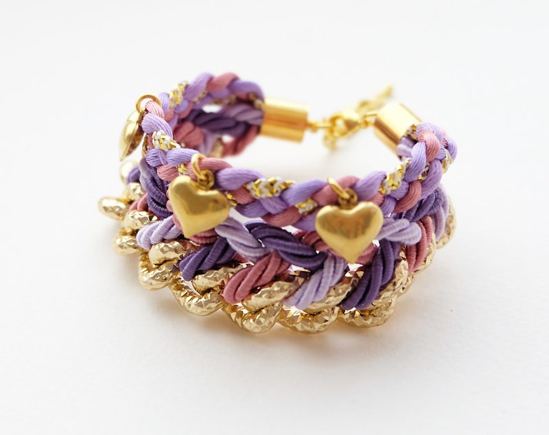Purple braided gold chain bracelet with brass heart charm - สร้อยข้อมือ - วัสดุอื่นๆ สีม่วง
