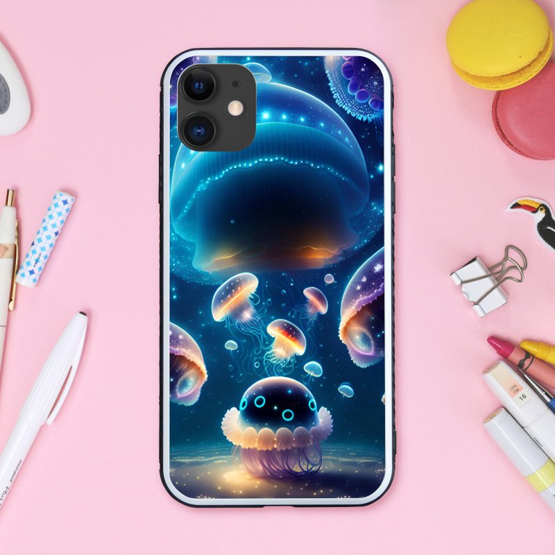 A fantastical and dreamy jellyfish swimming in the deep sea like space, glowing in glittering neon colors. Smartphone case [Tempered glass finish] Compatible with iPhone 16 - เคส/ซองมือถือ - พลาสติก หลากหลายสี