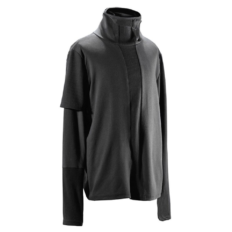 Irregular deconstructed waffle stitching high-neck cold-proof long-sleeved finger T-shirt - Men's T-Shirts & Tops - Other Materials Black
