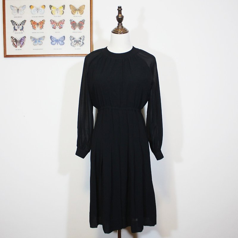 Japanese washing standard (Vintage Japanese vintage dress) black long-sleeved dress F3524 - ชุดเดรส - ไฟเบอร์อื่นๆ สีดำ